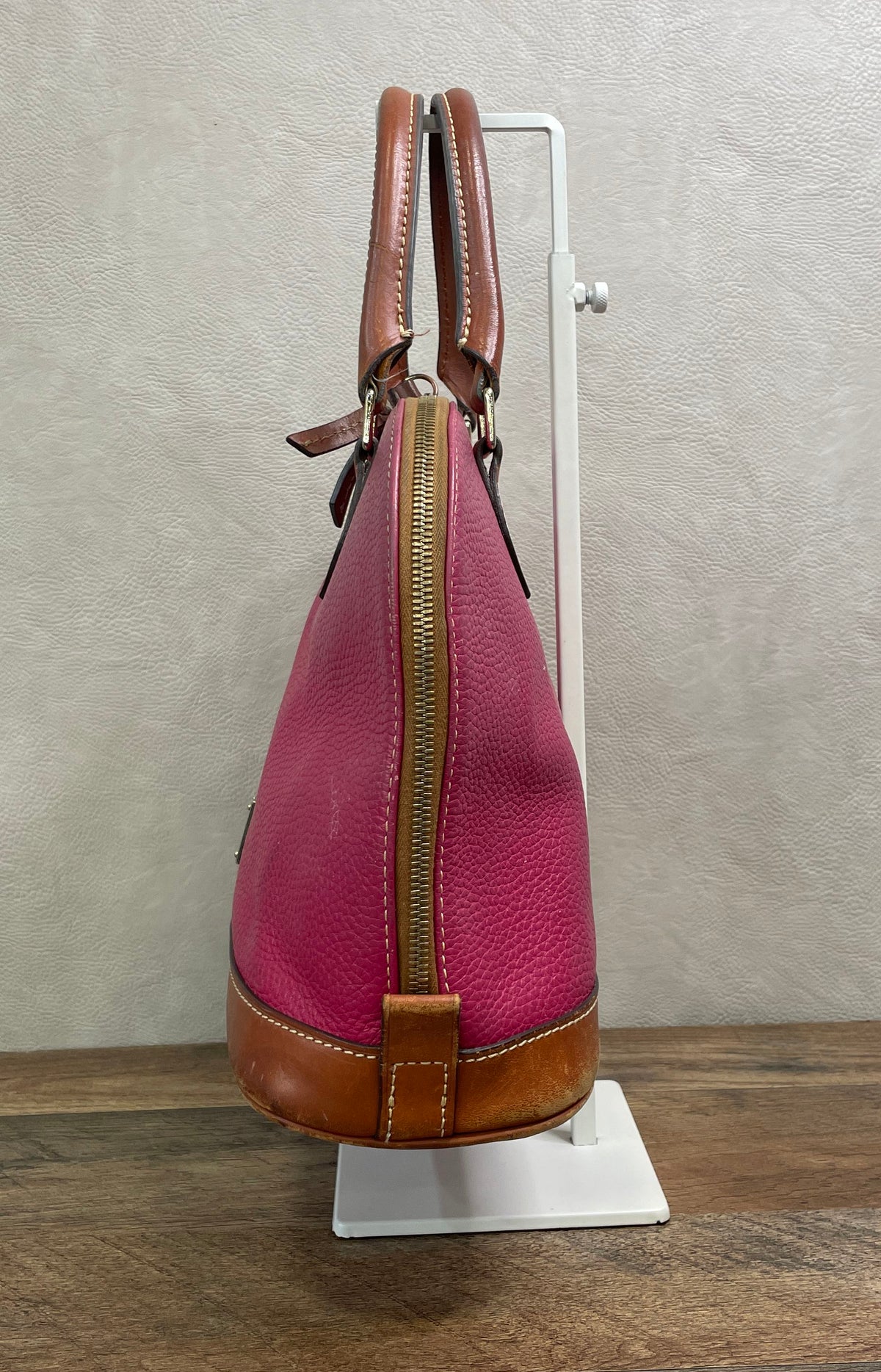 Dooney & Bourke Pink Pebbled Leather Zip Zip Satchel Handbag Gold Hardware