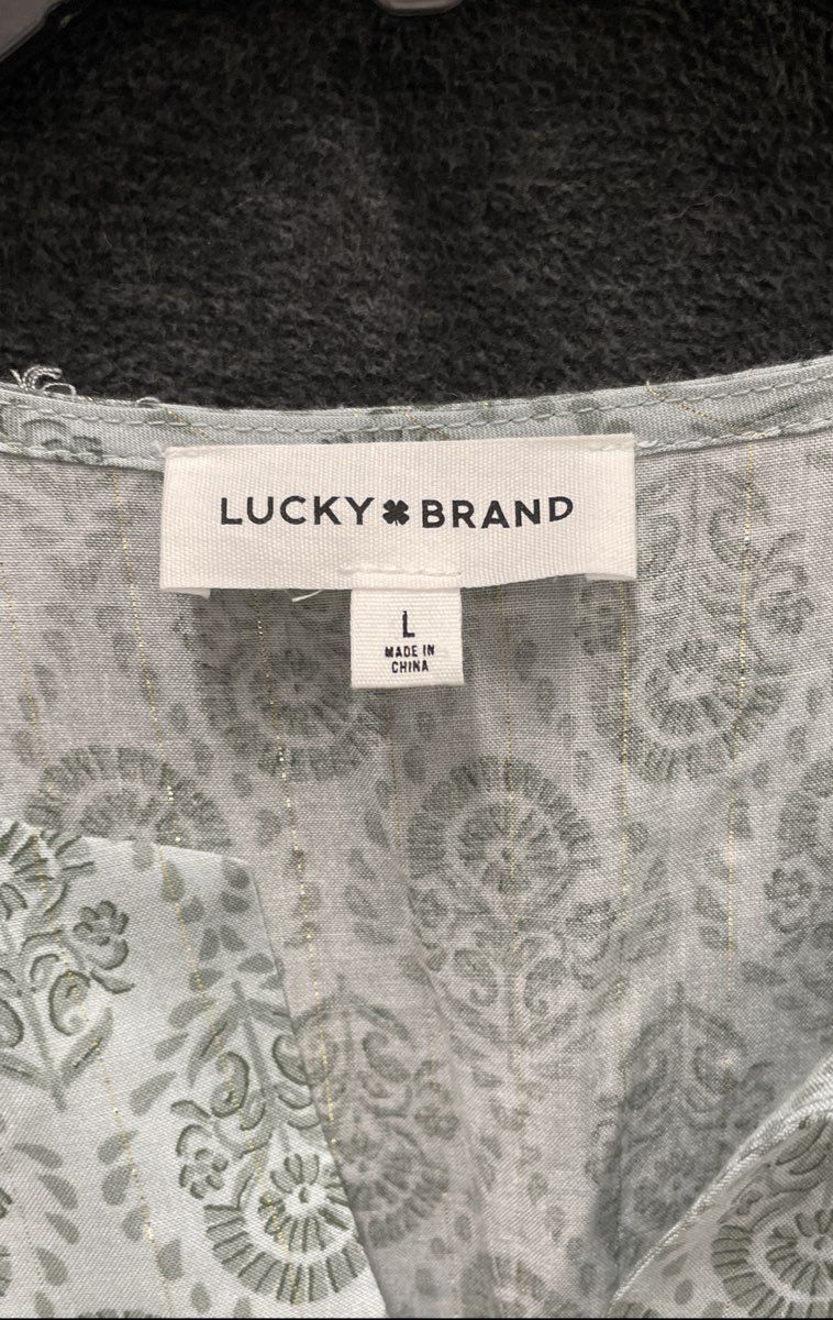 Lucky Brand Women's Dress Sage Green Gold Metallic Paisley Maxi Tiered Sz L