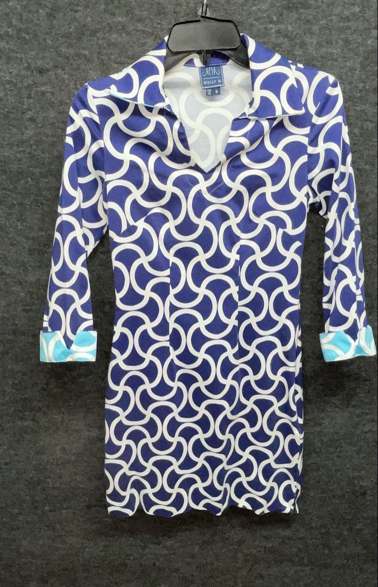 Melly M Women's Navy Blue White Geometric Link Shift Dress Sz 0 Made in USA