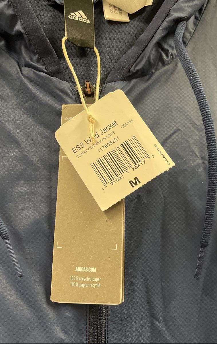 Adidas Men's ESS Windbreaker Jacket Blue Hooded Full Zip 3 Stripe NWT Size M