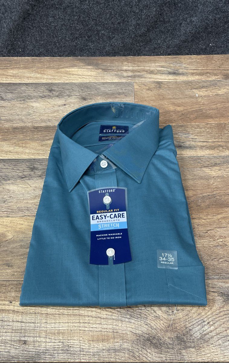 Stafford Men's Teal Reg Fit Easy-Care Broadcloth Stretch Shirt NWT 17.5 34-35