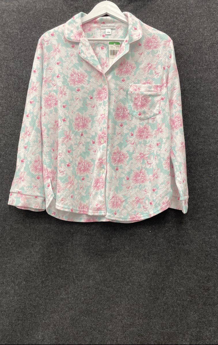 Miss Elaine Women's Pink Mint Floral Honeycomb Knit Pajama Top NWT Size L