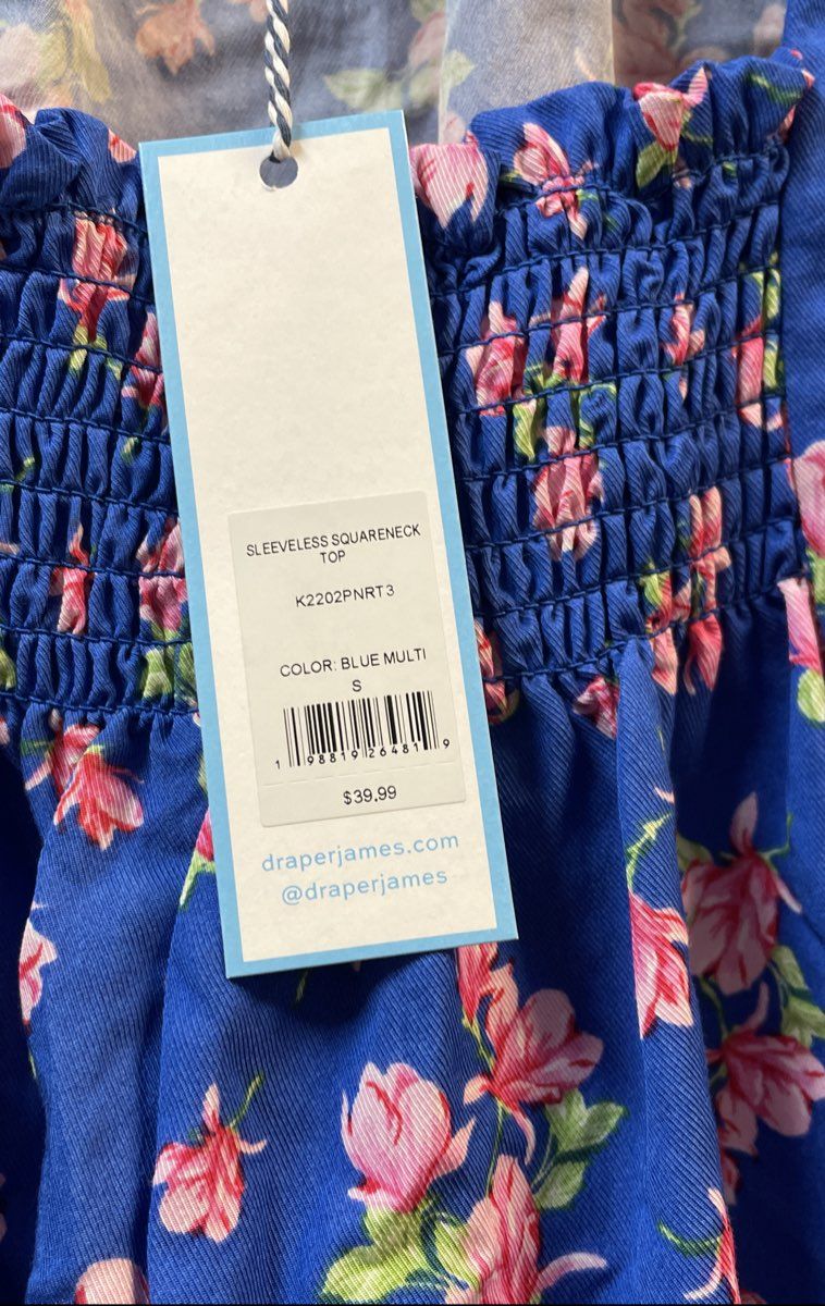 Draper James Women's Sleeveless Squareneck Top Blue Floral Smocked Sz S NWT