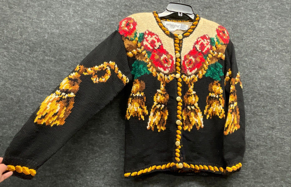 Vintage 90s The Eagle's Eye Women's Hand Knit Floral Tassel Cardigan Sweater M