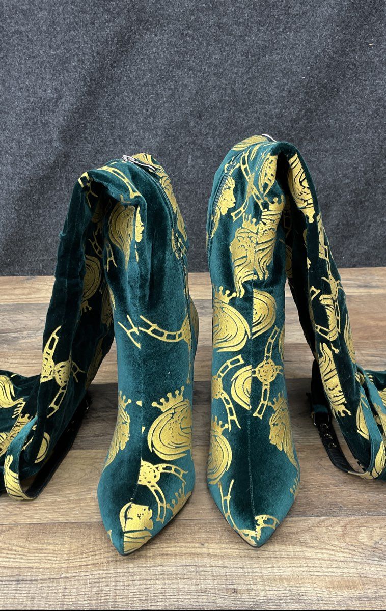 Chimzi Player Green Gold Lion Crest Velvet Thigh High Boots Women's Size 40