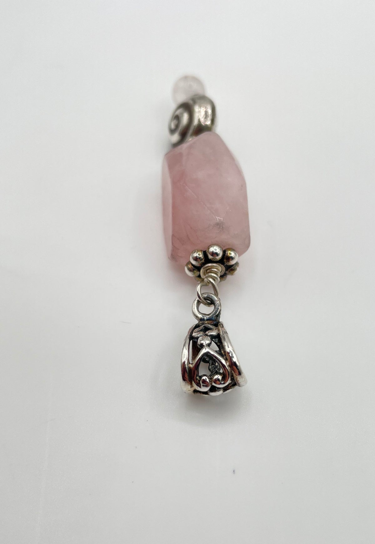 925 Sterling Silver Ornate Bead & Rose Quartz Pendant 11.8g