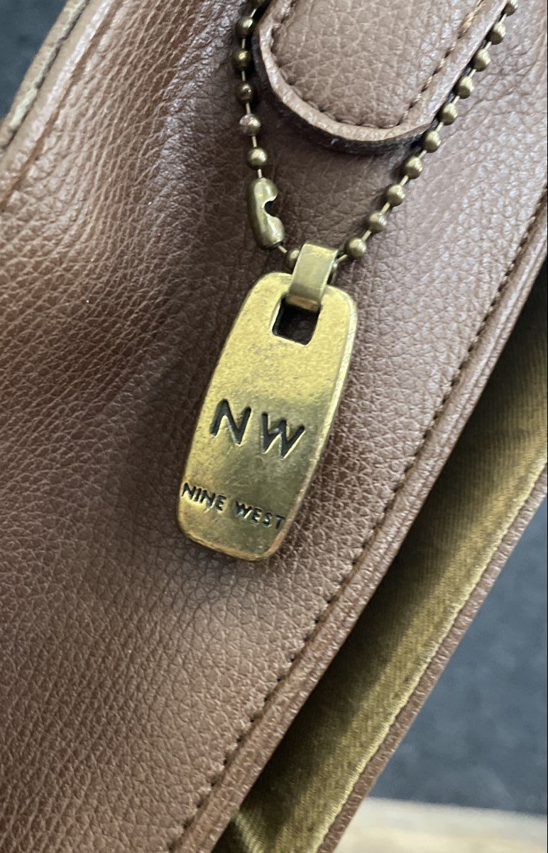 Nine West Brown Leather Satchel Crossbody Messenger Bag Large Vintage Gold HW