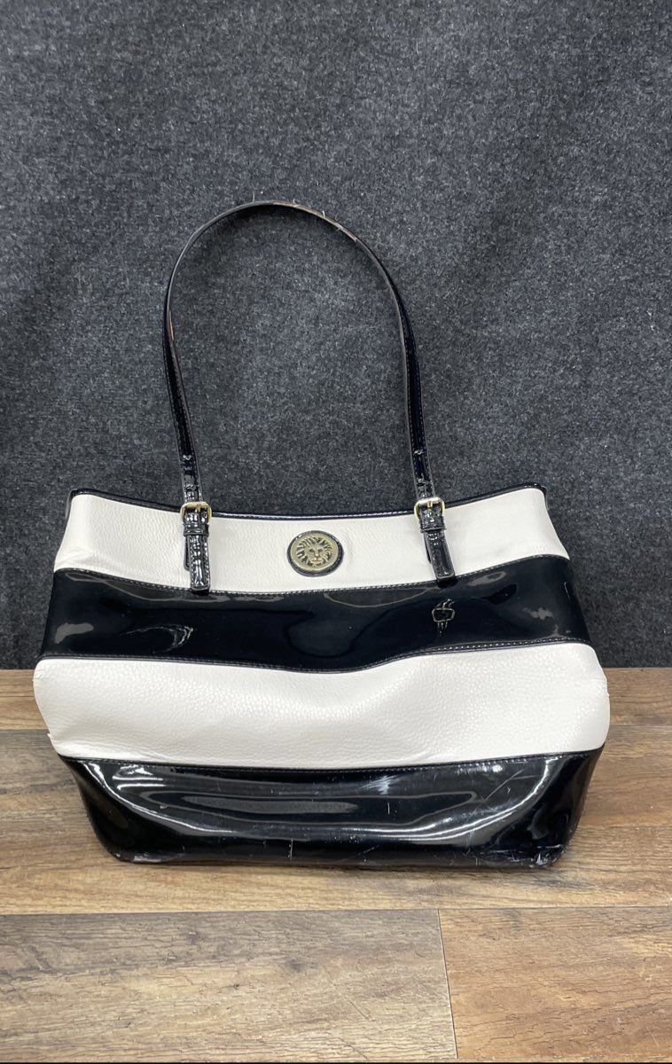 Anne Klein Black White Striped Pebbled Patent Leather Tote Bag Gold Hardware