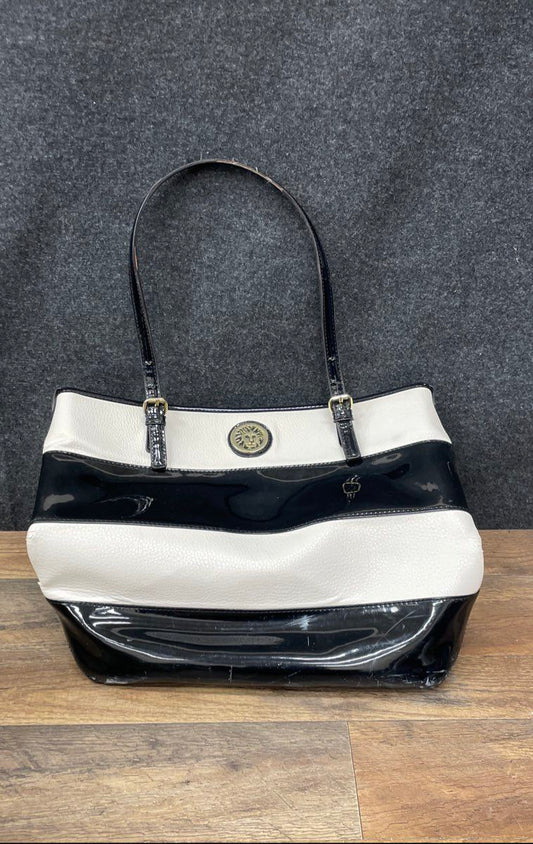 Anne Klein Black White Striped Pebbled Patent Leather Tote Bag Gold Hardware