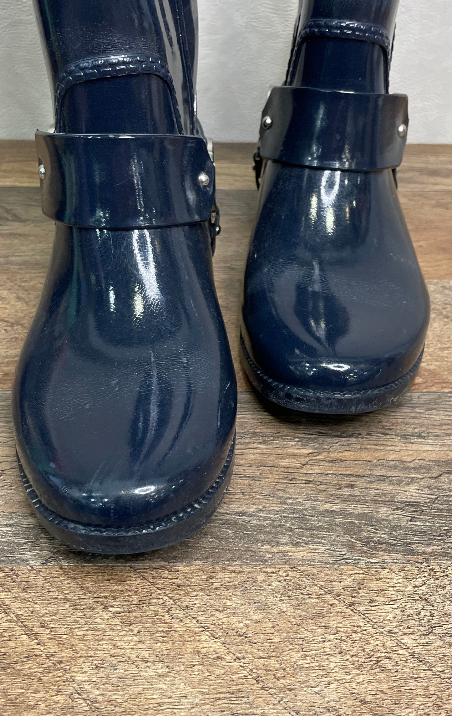 Michael Kors Navy Blue Glossy Rubber Harness Tall Rain Boots Women's Size 8