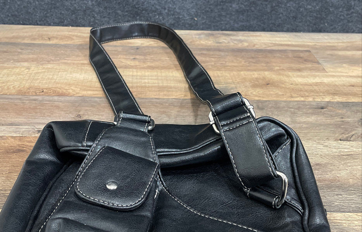 Black Leather Asymmetrical Sling Crossbody Bag Satchel Silver Hardware
