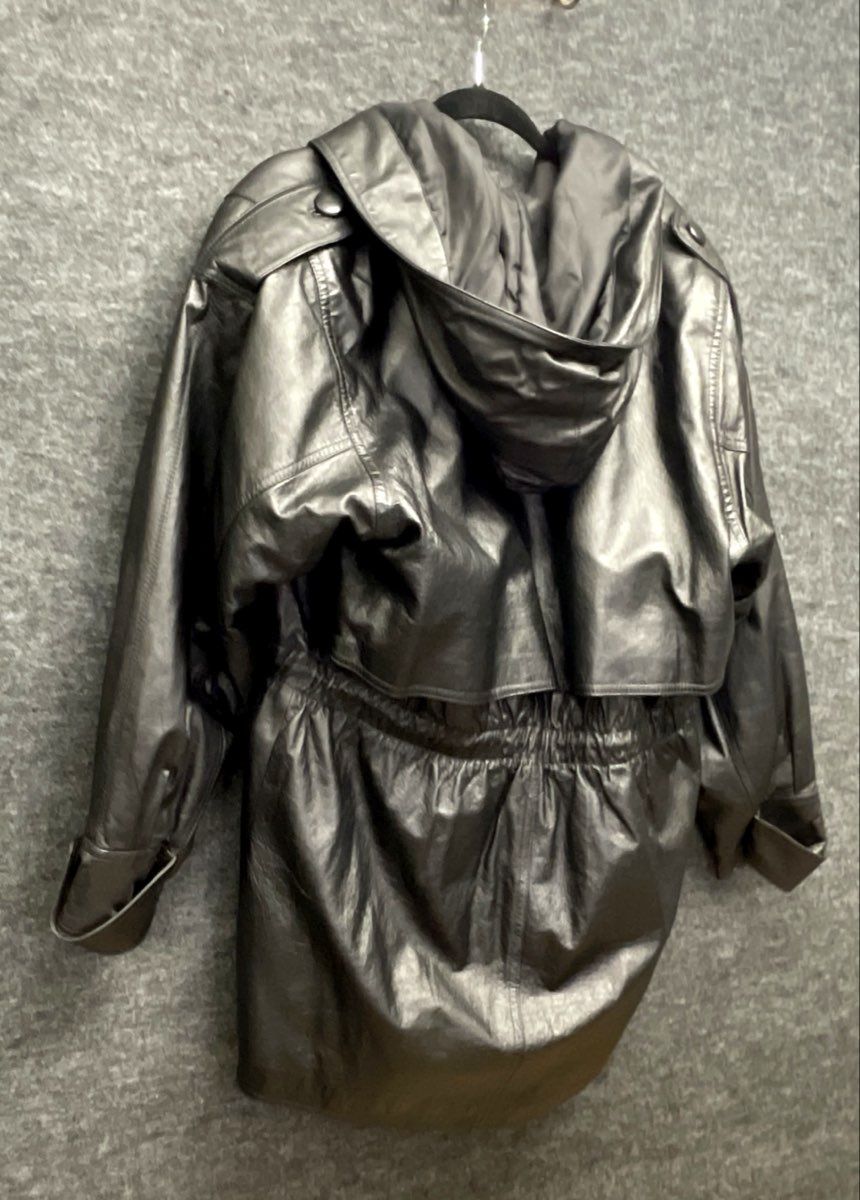 Vintage 90s Fitz Wright Women's Black Hooded Leather Parka Coat Sz L