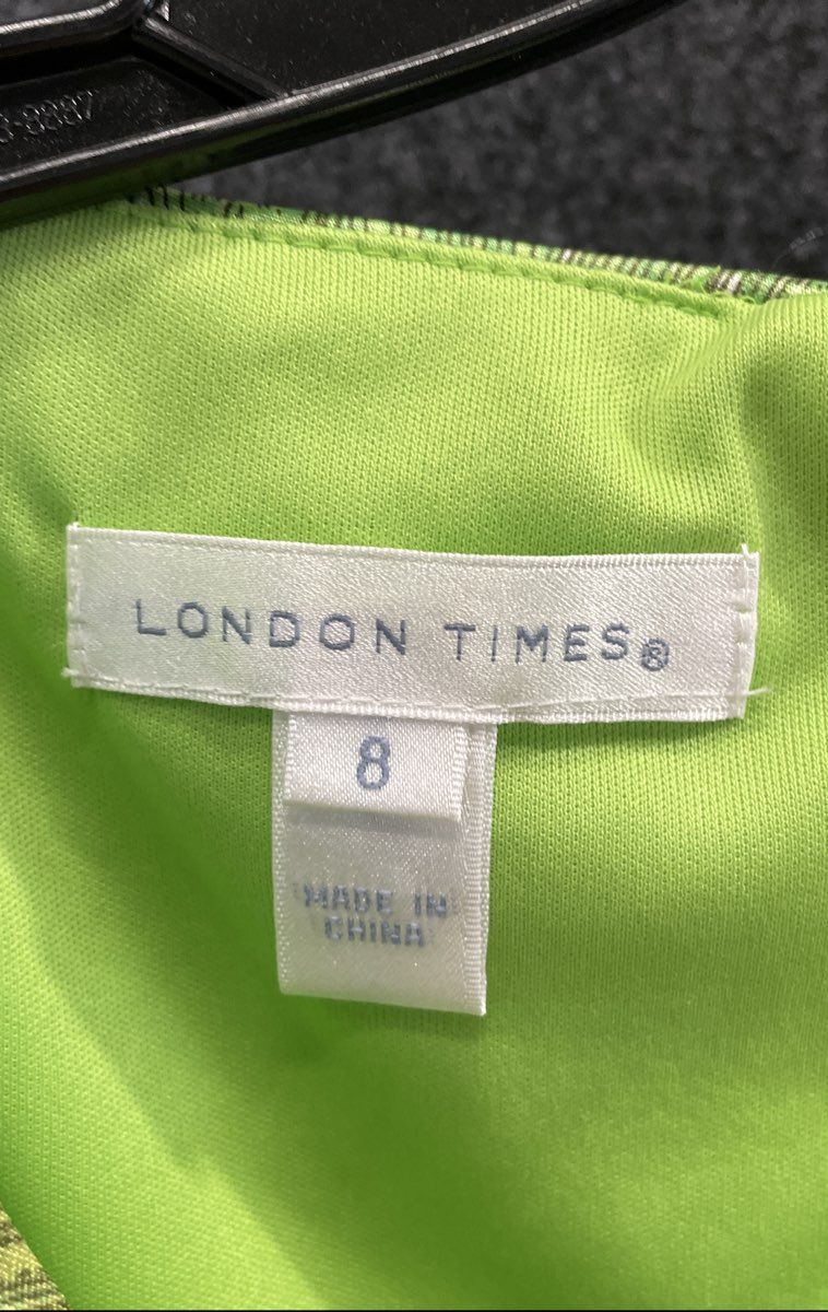 London Times Women's Green White Abstract Tiered Ruffle Sheath Dress Sz 8 NWT