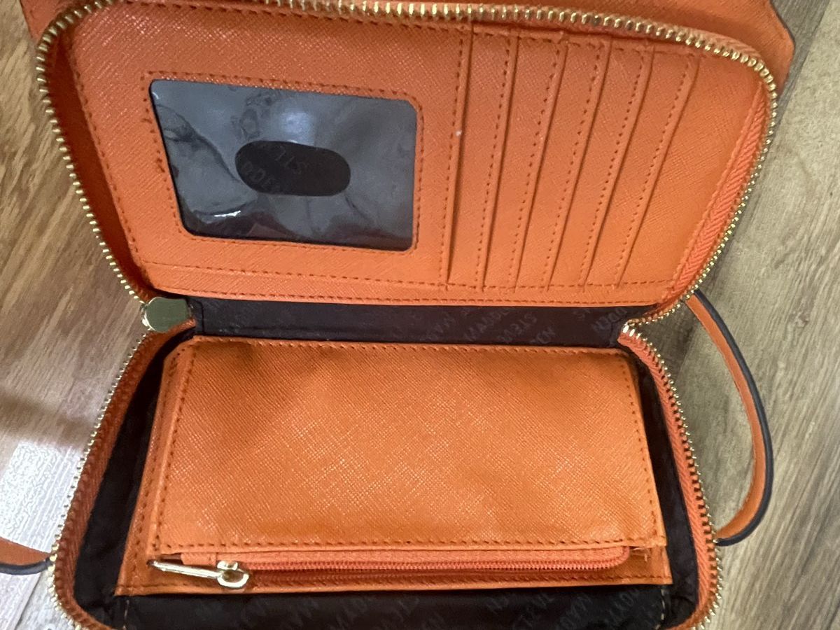 Steve Madden Orange Saffiano Faux Leather Crossbody Wallet Bag Gold Hardware