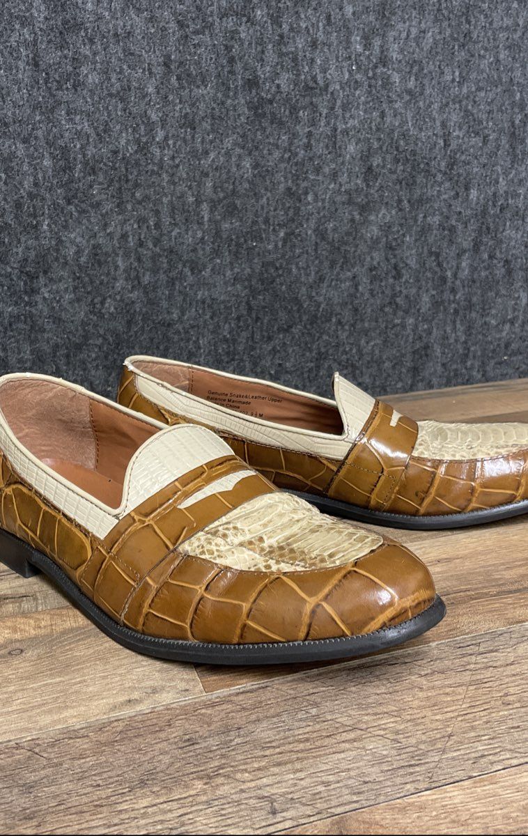 Stacy Adams Penny Loafers Tan Cream Snake Skin Leather Men's Shoes Size 9.5