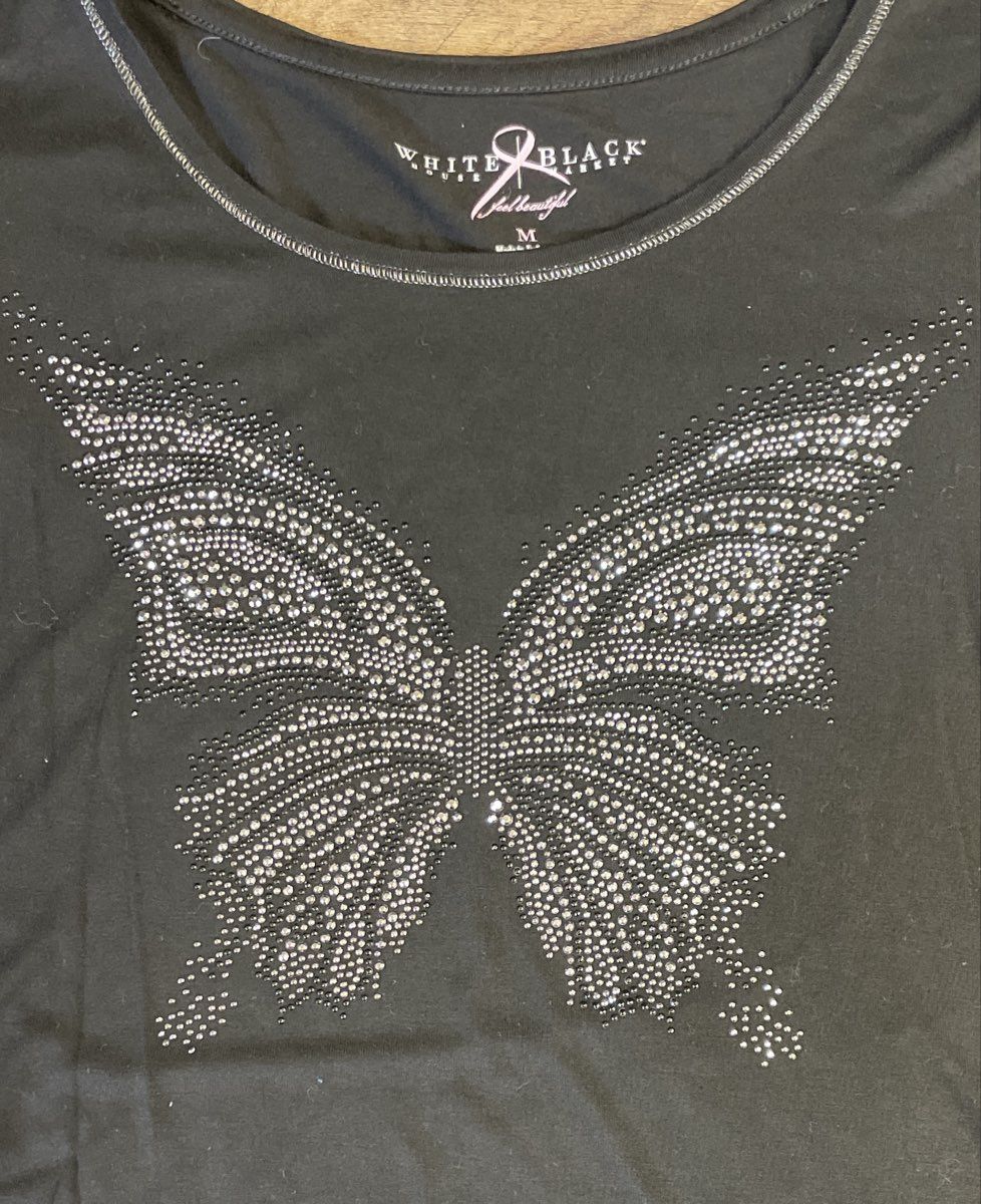 White House Black Market Women's Black Rhinestone Butterfly Embellished Shirt M