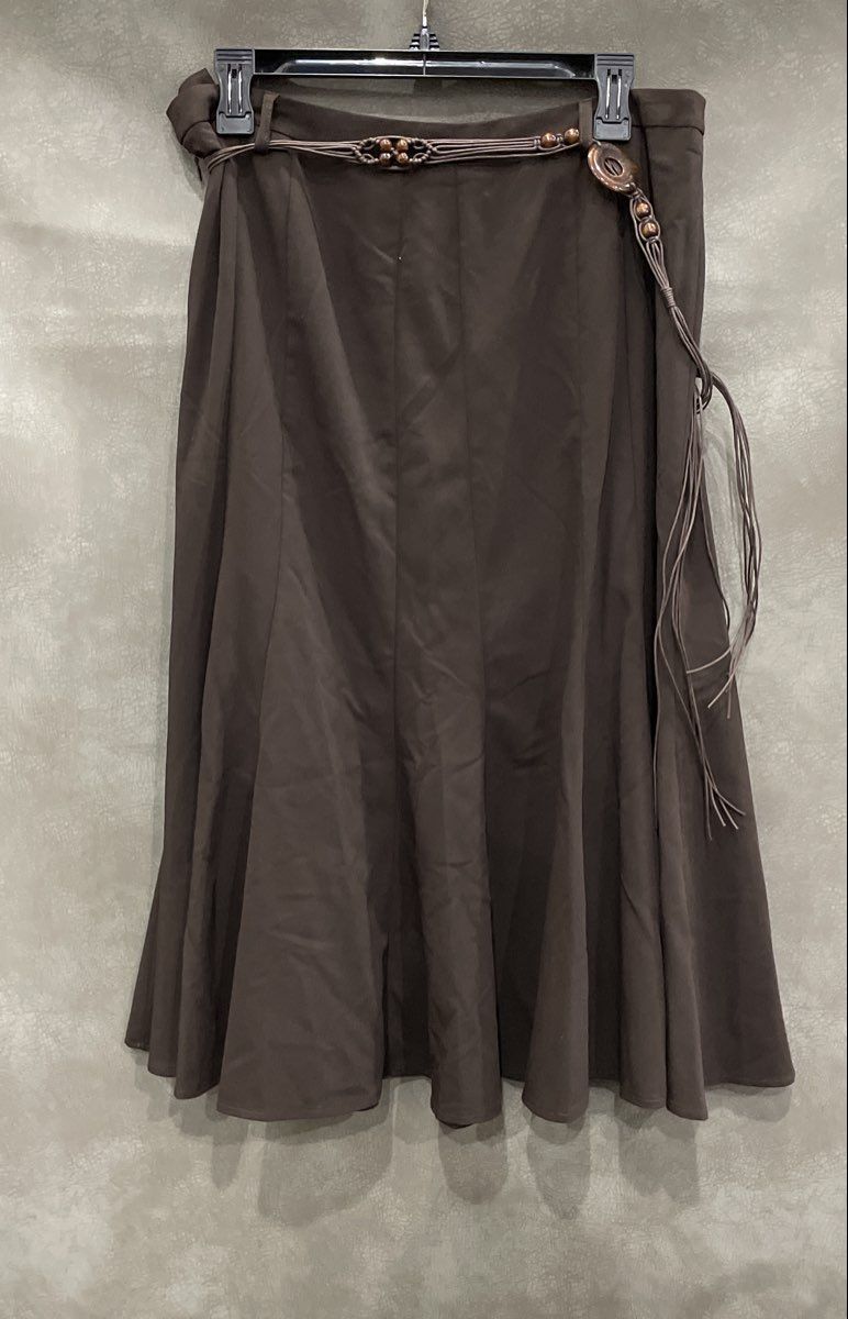 Dressbarn Women's Brown A-Line Flared Midi Skirt with Beaded Rope Belt Sz 12