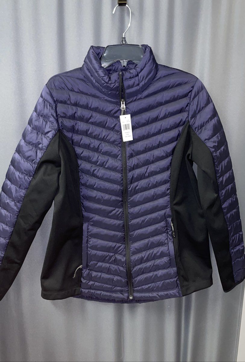32 Degrees Heat Women's NWT Puffer Jacket Navy Blue Mixed Media Full Zip Sz L