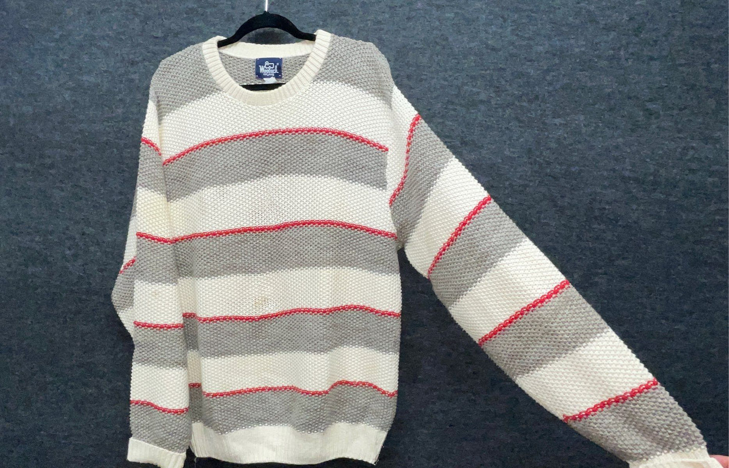 Vintage 90s Woolrich Men's Olive Gray Striped Cotton Crewneck Sweater Sz XL