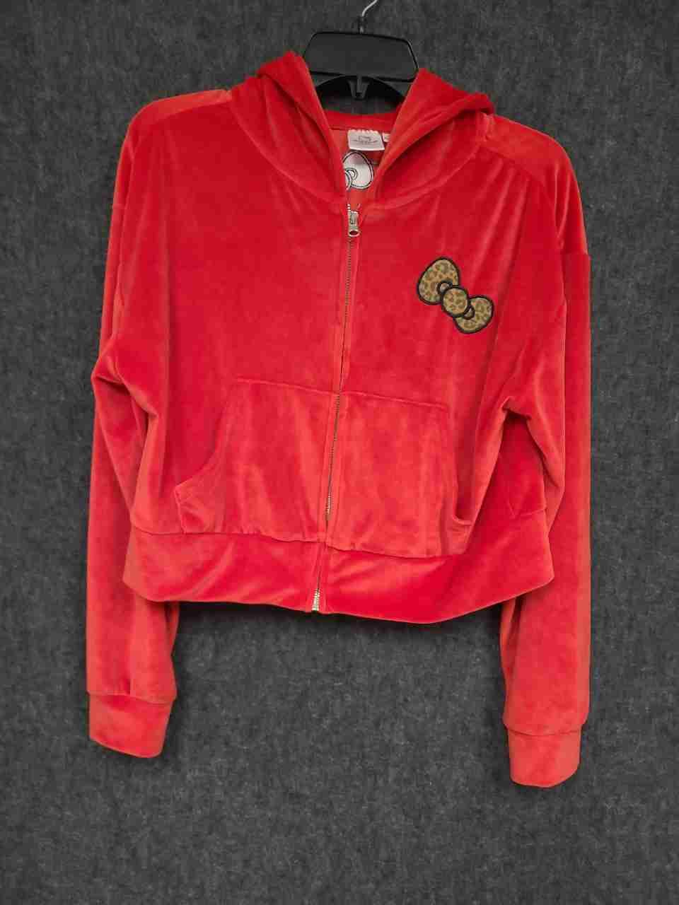 Sanrio Hello Kitty Women's Red Velour Cropped Zip Up Hoodie Leopard Print Sz SM