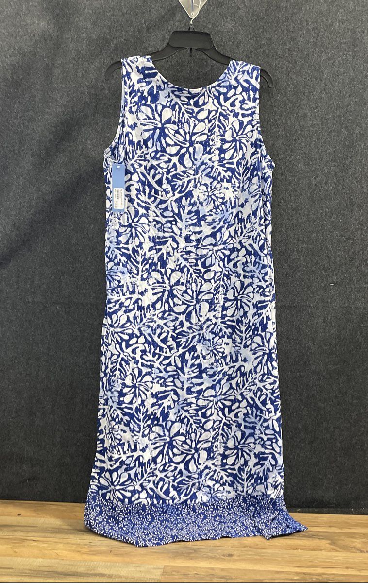 Blue Ginger Women's Blue White Lehua Luau Floral Batik Print Dress Sz L NWT