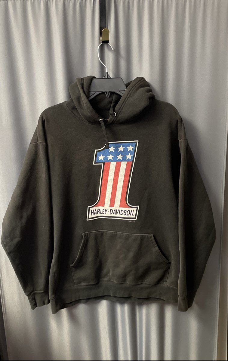 Harley-Davidson Men's Black #1 Stars Stripes Graphic Pullover Hoodie Sz L
