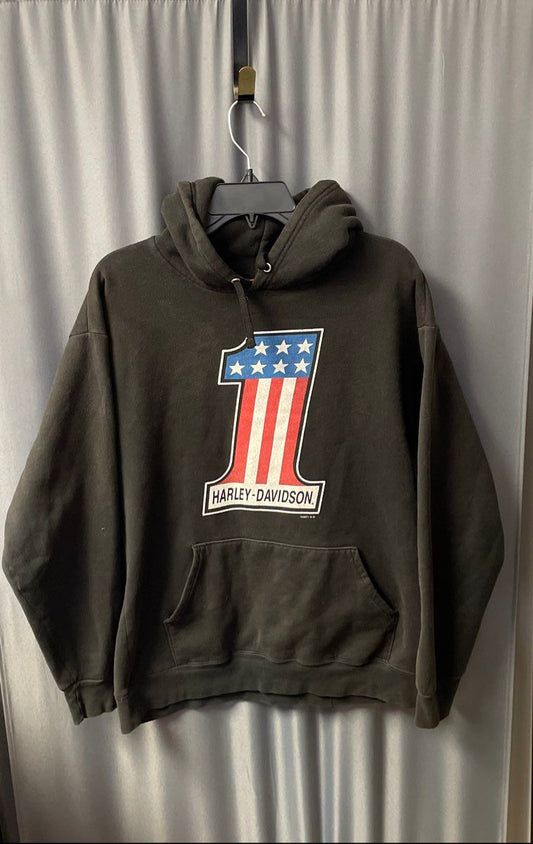 Harley-Davidson Men's Black #1 Stars Stripes Graphic Pullover Hoodie Sz L
