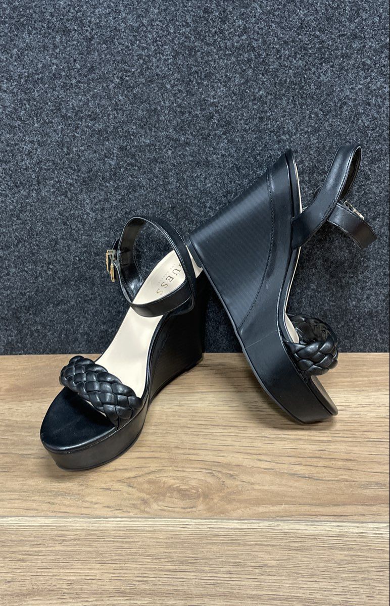 Guess Bended Black Braided Platform Wedge Sandals Heels Size 9M