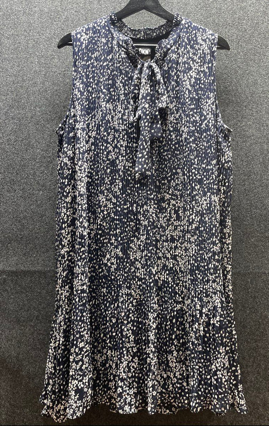 DKNY Women's Pleated Sleeveless Tie Neck Dress Blue White Print Sz 16 NWT