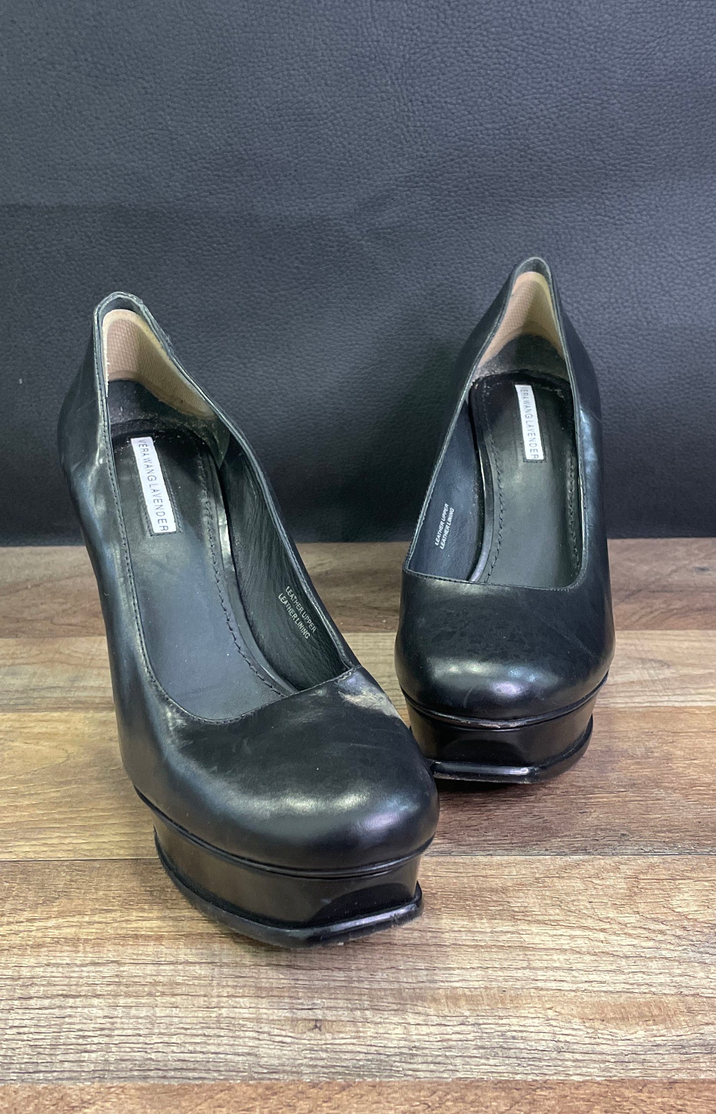 Vera Wang Lavender Black Leather Round Toe Platform Heels Women's Size 8.5M
