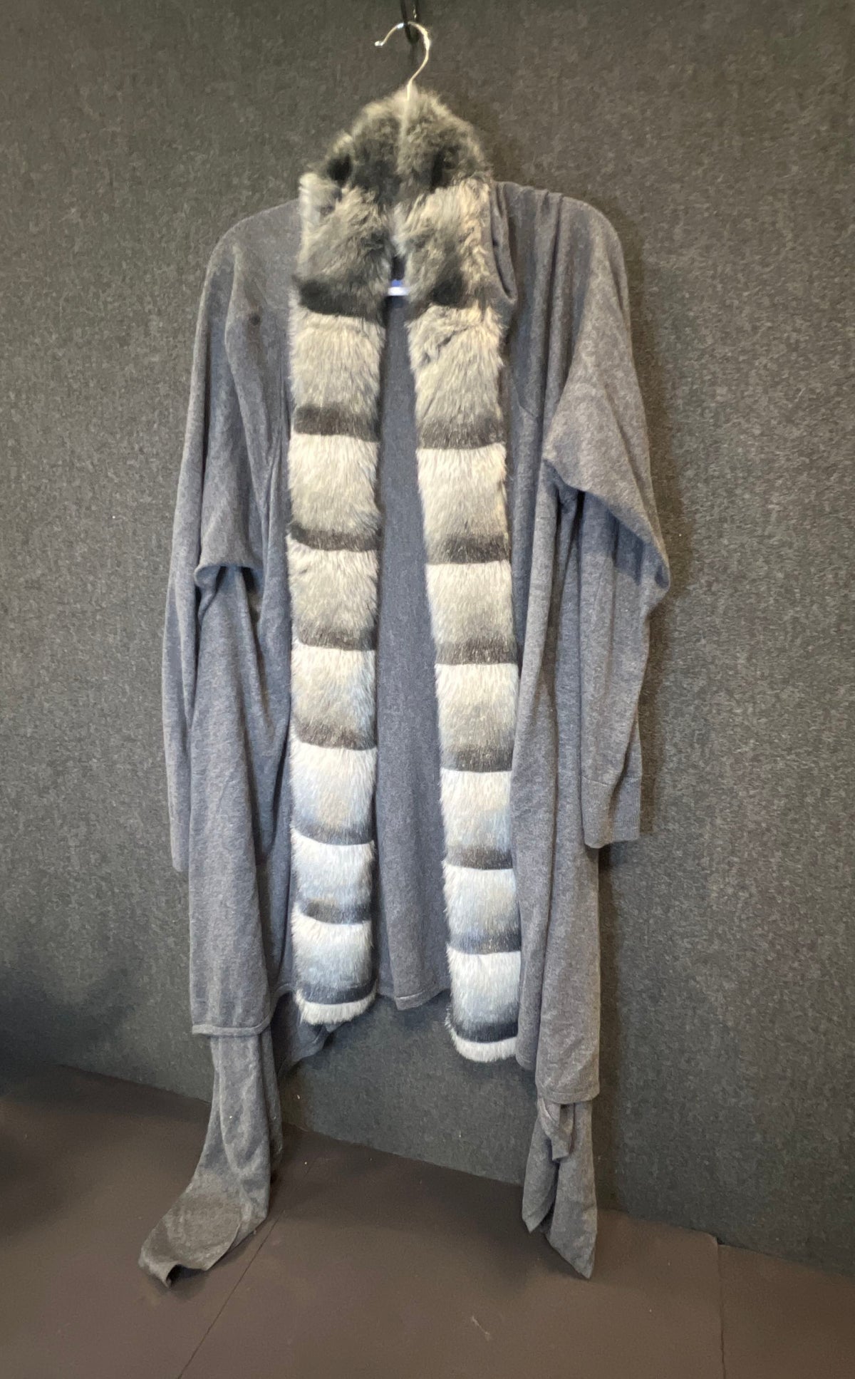 Worthington Women's Gray Faux Fur Trim Striped Open Front Cardigan Duster Sz 2X