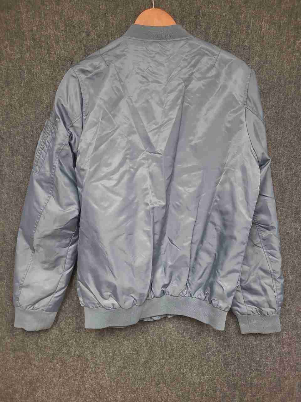 Brave Soul Men's Gray Satin Full Zip Bomber Jacket Ribbed Trim Size M