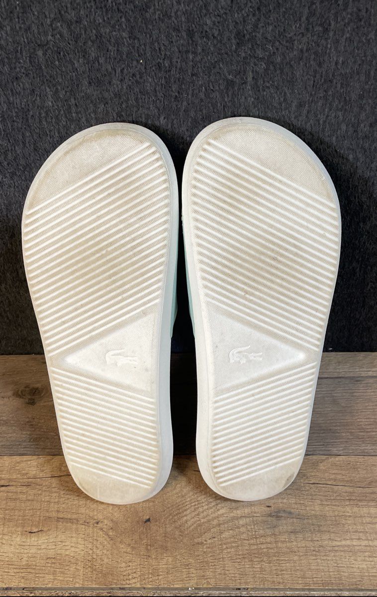 Lacoste Fraisier White Aqua Yellow Slide Sandals Size 10.5" Footbed
