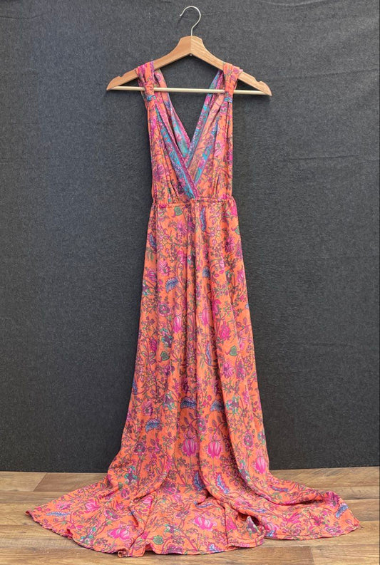 White Waves Women's Orange Multi Floral Boho Plunging V-Neck Maxi Dress M NWT