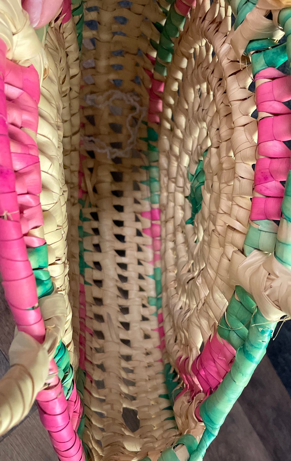 Vintage Woven Reed Round Tote Bag Pink Green Circle Straw Market Basket Purse