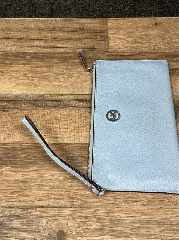 Michael Kors Light Blue Pebbled Leather Large Wristlet Pouch Silver Hardware