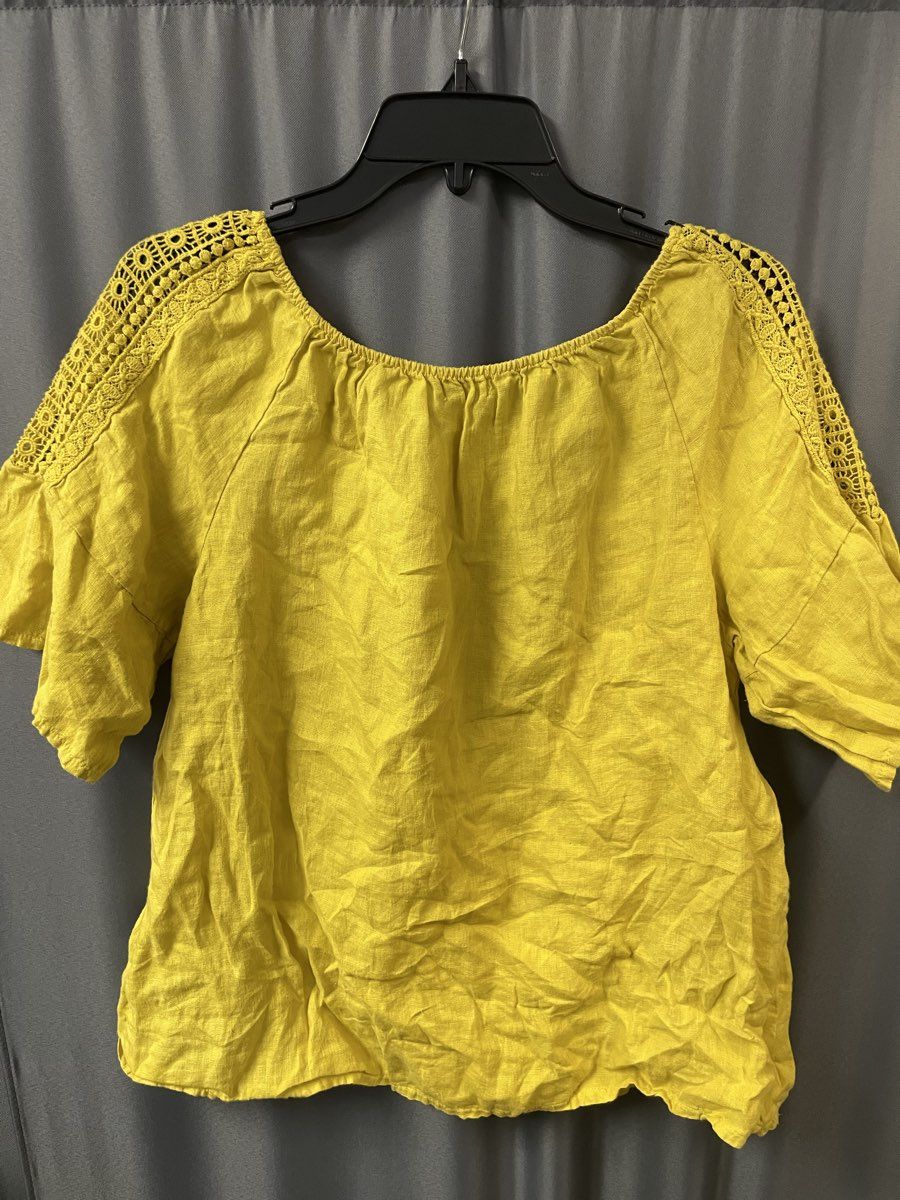 Terzo Millennio Women's Yellow 100% Linen Crochet Sleeve Blouse Made Italy Sz L
