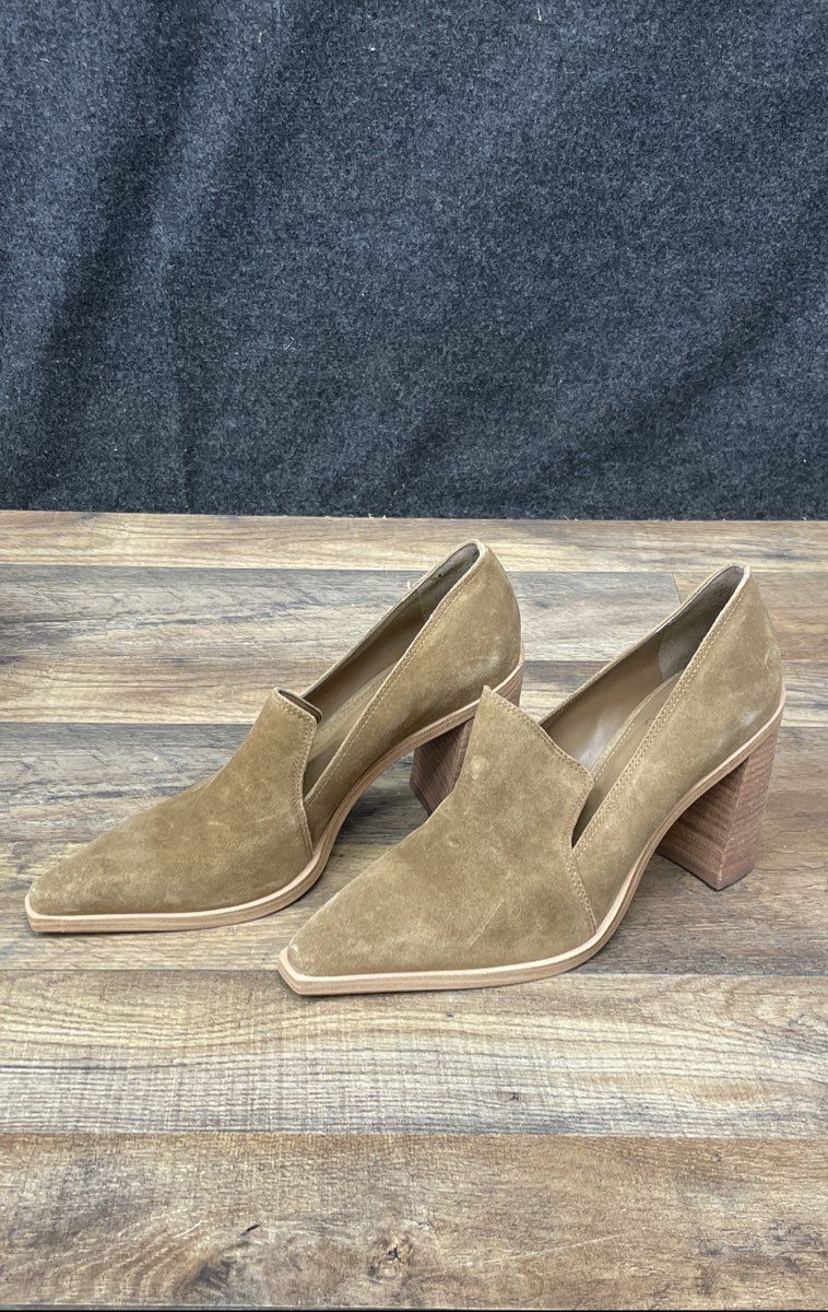 Vince Camuto Wevenly Tan Suede Pointed Toe Block Heel Booties Women's Size 8.5