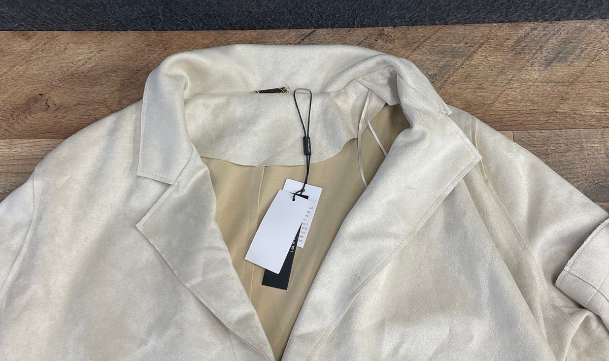 T Tahari Women's Beige Faux Leather Duster Coat Notched Lapel NWT Sz L