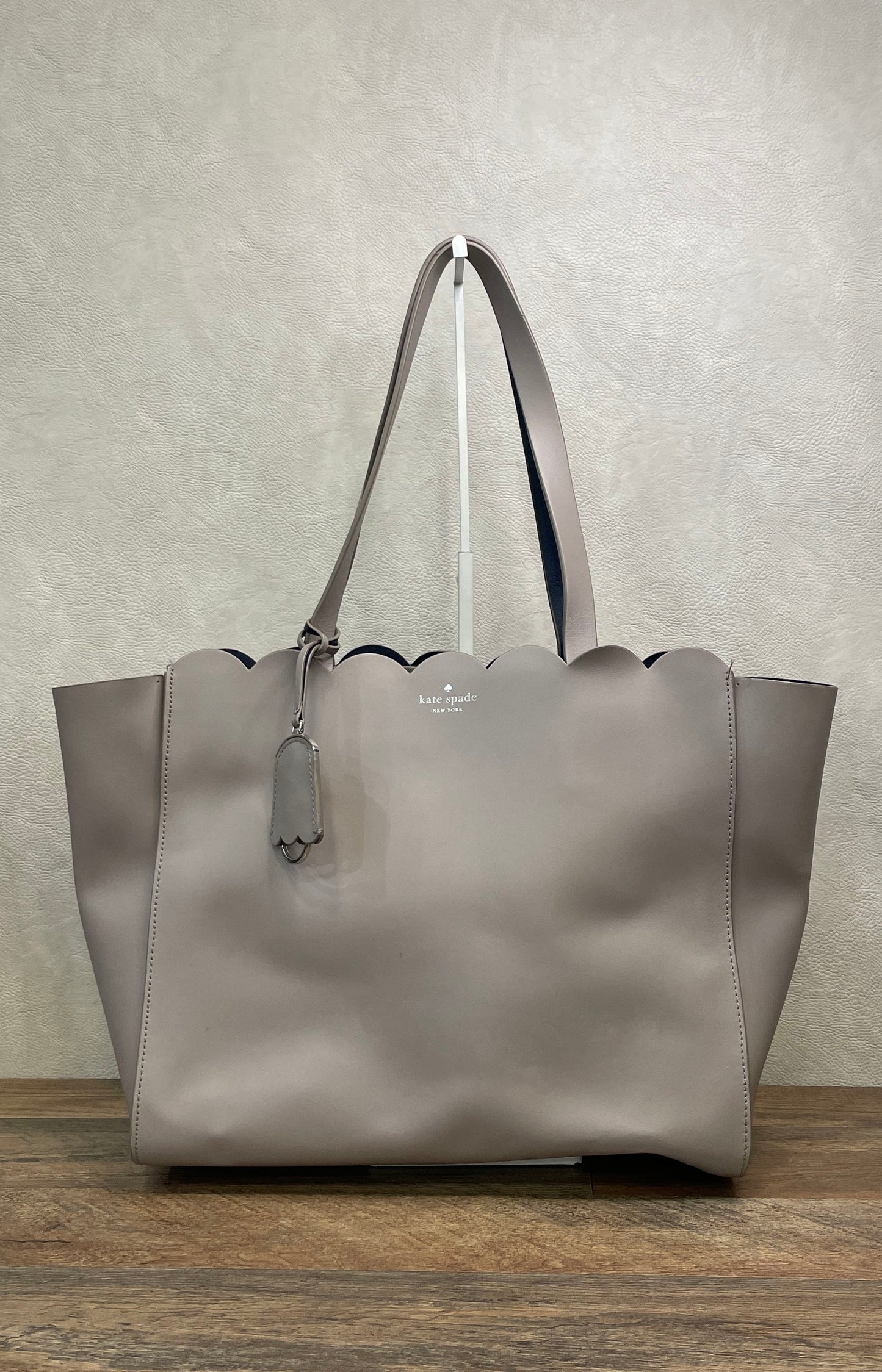 Kate Spade Gray Leather Scalloped Large Tote Bag Navy Interior Silver Hardware