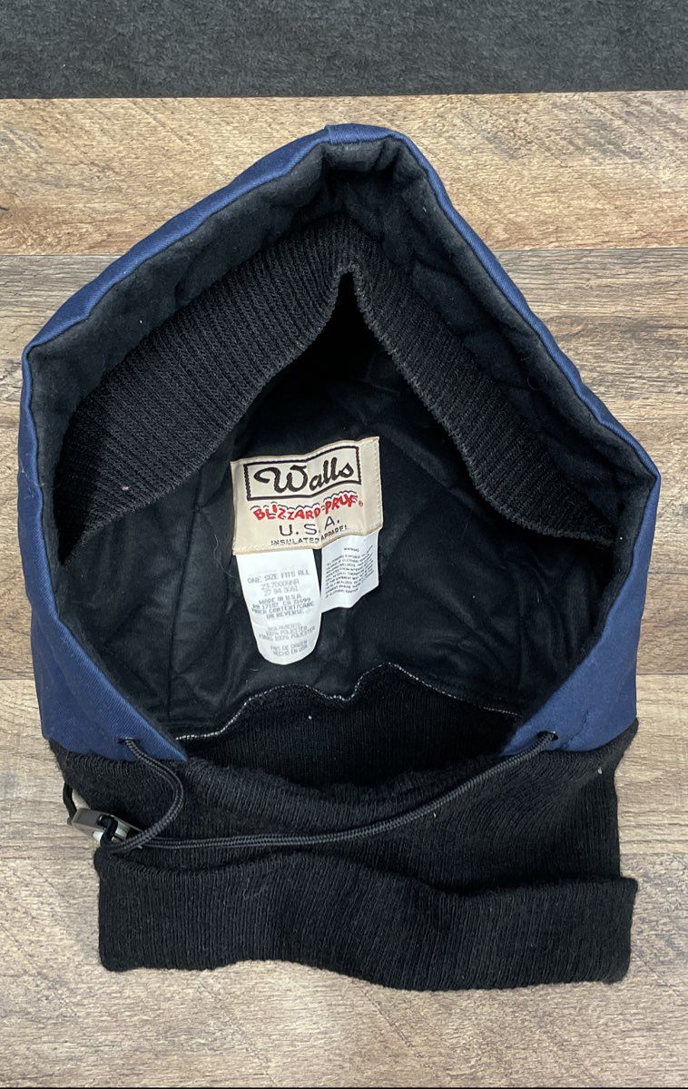 Walls Men's Blizzard Pruf Insulated Hood Hat Navy Quilted Vintage 90s USA OSFA