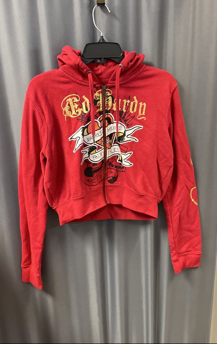 Ed Hardy Women's Red Broken Hearts Tattoo Graphic Eagle Crop Zip Up Hoodie Sz XL