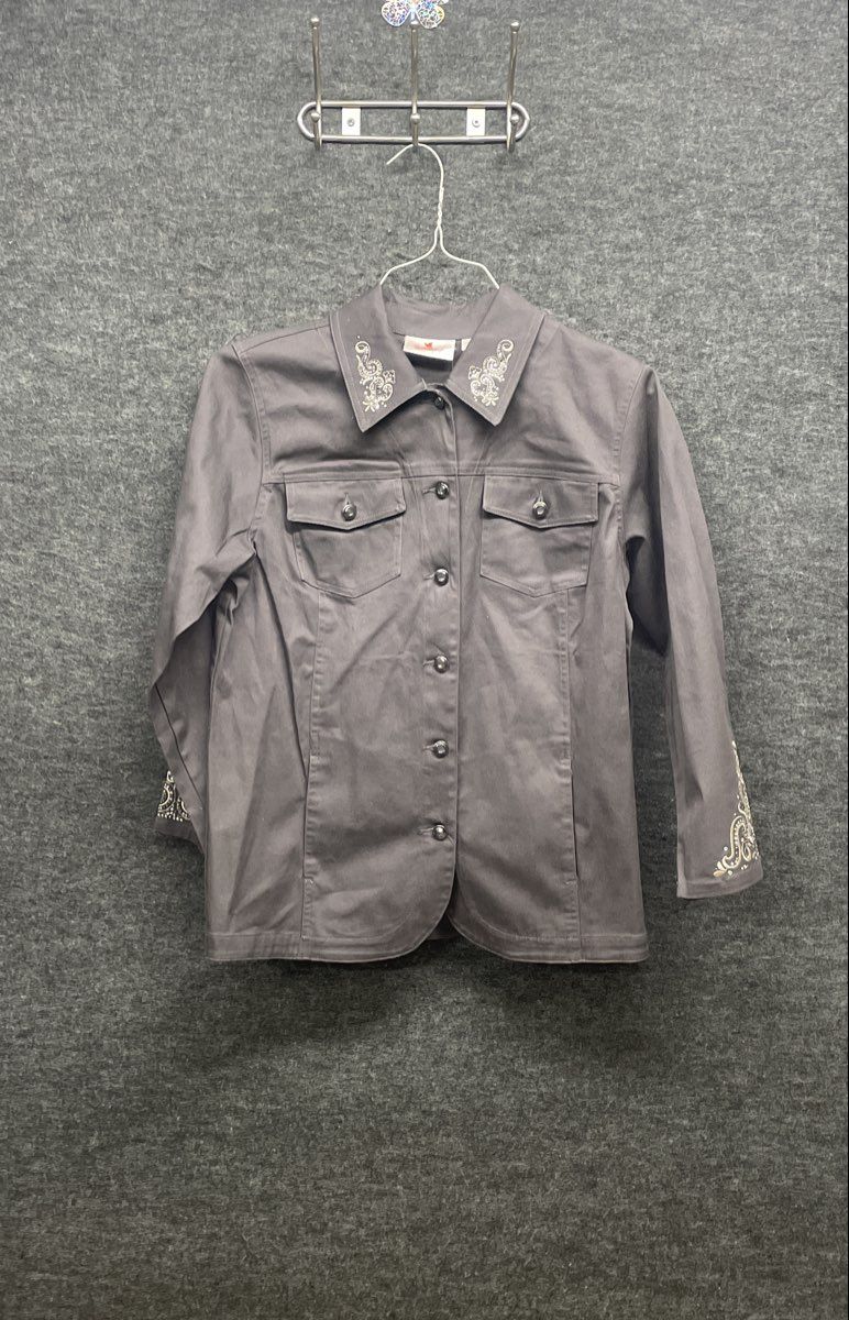 Quacker Factory Women's Gray Rhinestone Embroidered Button Front Jacket Sz S