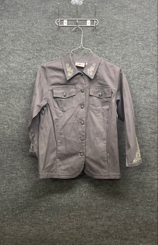Quacker Factory Women's Gray Rhinestone Embroidered Button Front Jacket Sz S