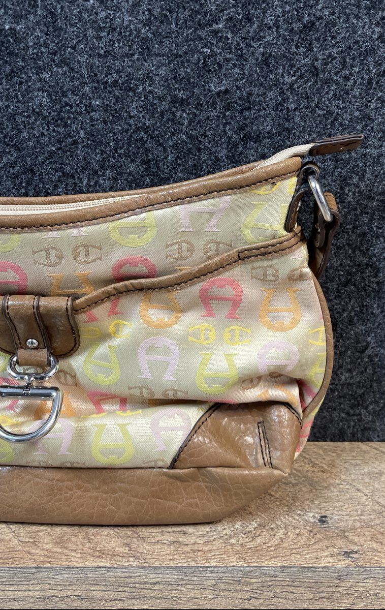 Etienne Aigner Tan Multicolor Monogram Logo Canvas Shoulder Bag Purse