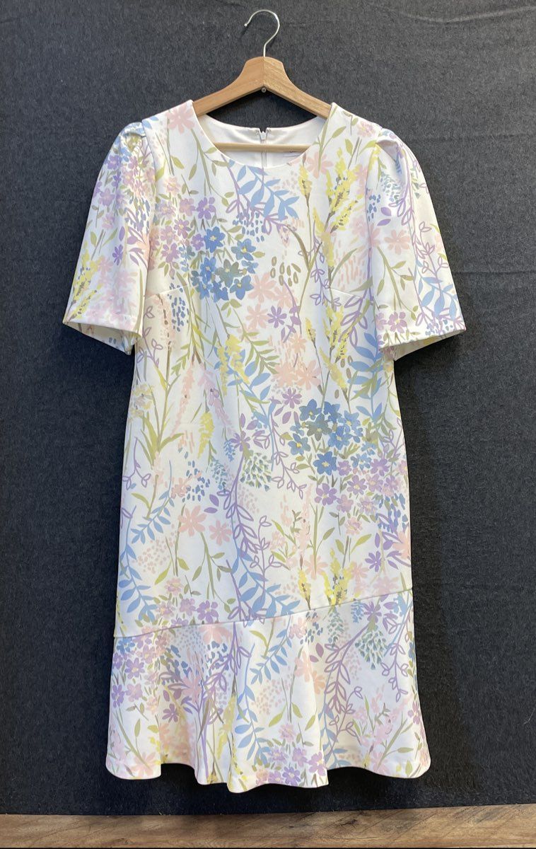 Calvin Klein Women's White Pastel Floral Puff Sleeve Ruffle Hem Dress Sz 12