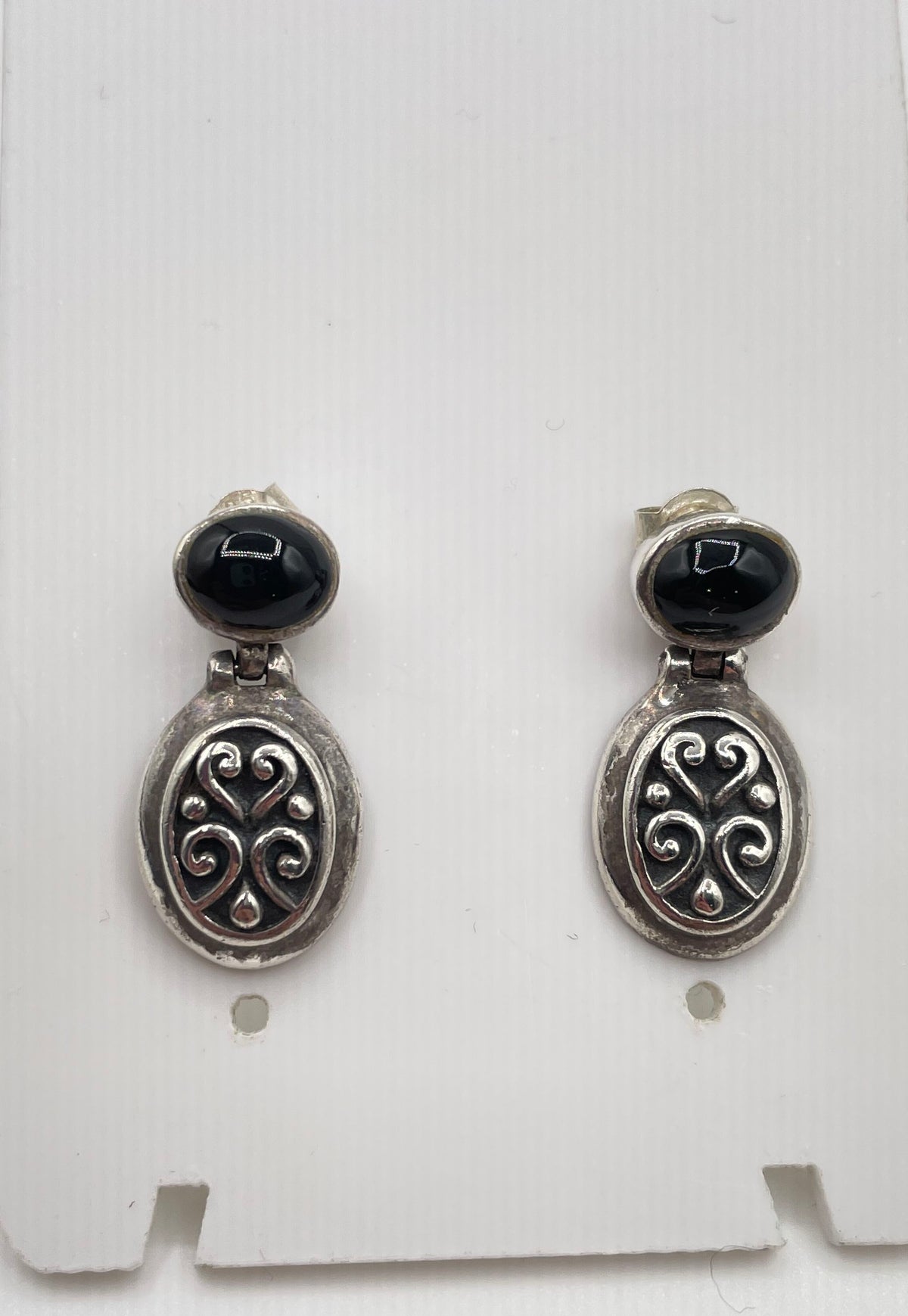 925 Sterling Silver Black Onyx Filigree Drop Earrings 5.4g