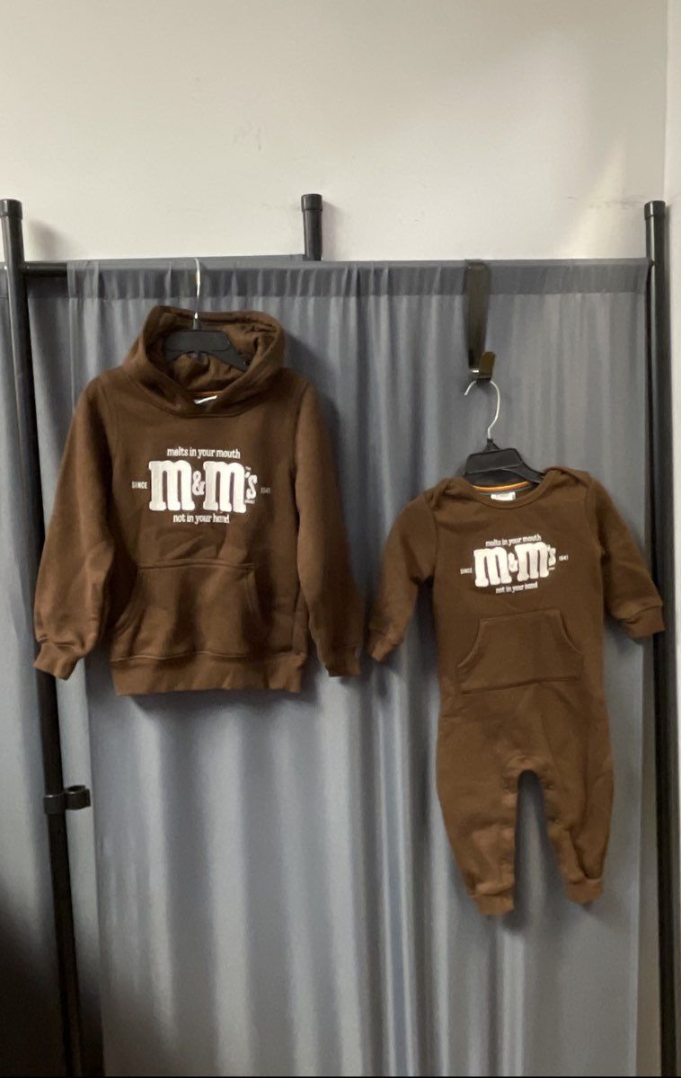 M&M's Brown Fleece Pullover Hoodie & Romper Lot Unisex Baby Toddler Sz 4 & 12M