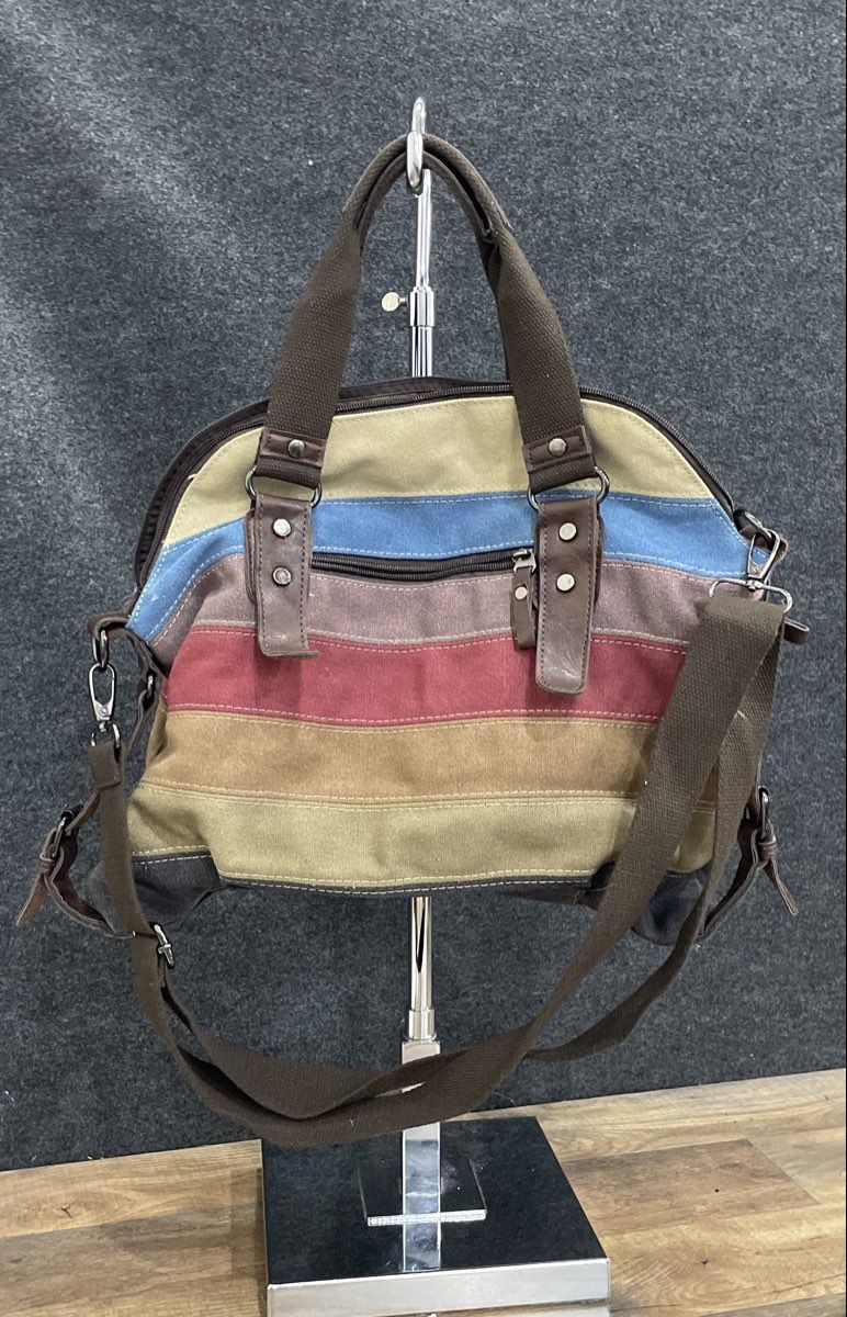 Classic Fashion Multi-Color Striped Fabric Satchel Crossbody Bag Brown Trim