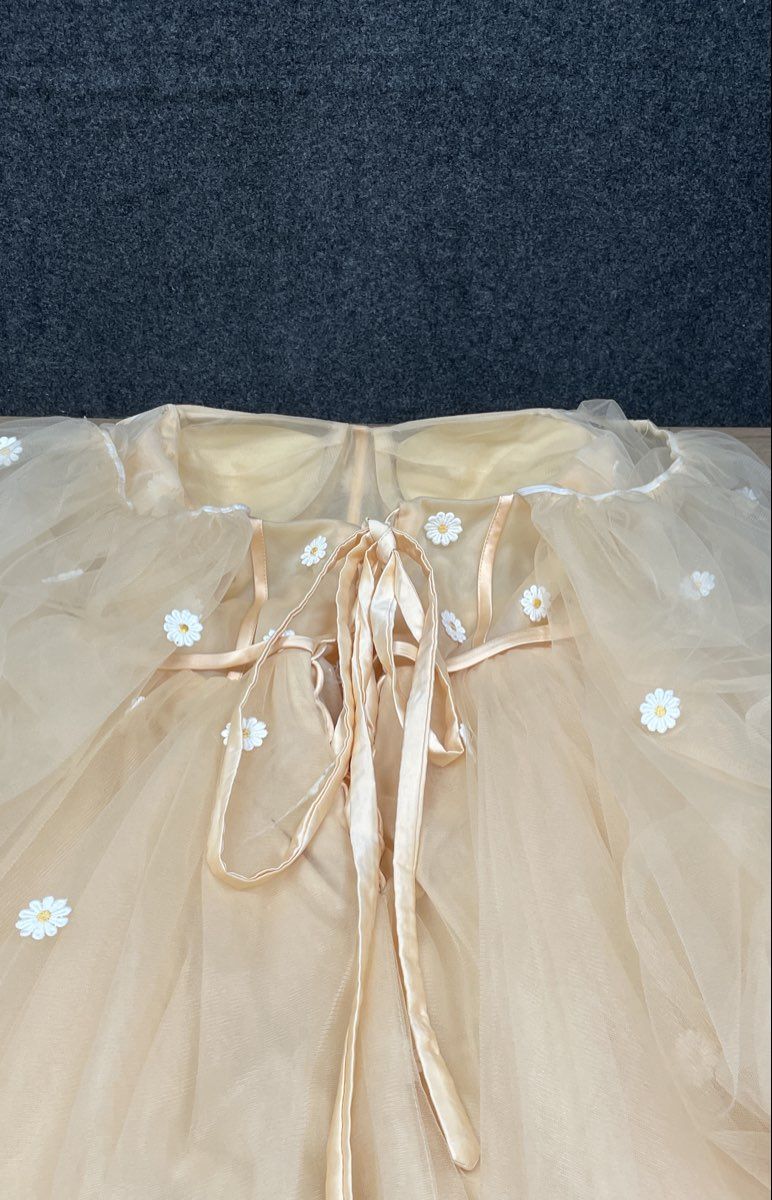 Women's Beige Tulle Daisy Floral Puff Sleeve Corset Mini Dress Lace Up Back